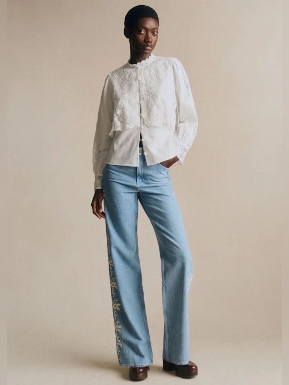 Sézane VALENTIN TROUSERS - SÉZANE X SEA NY DENIM BLUE WITH CREAM EMBROIDERY - Picture 2 of 11